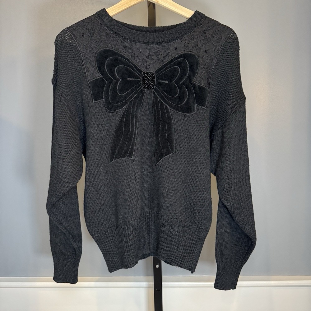 Bow‎ Sweater Crystal Vintage Womens Medium Black Embroidered Front Lace Beaded